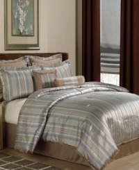 Sleek and sophisticated, the Silverado comforter set makes a modern impact with a striped, chenille jacquard accented with coordinating solids. Decorative pillows finish the look with polished perfection ideal for today's rooms. Sleek and sophisticated, the Silverado comforter set makes a modern impact with a striped, chenille jacquard accented with coordinating solids. Decorative pillows finish the look with polished perfection ideal for today's rooms.