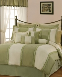 The Simsbury room in a bag presents a lovely large stripe design in contrasting sage and ivory. A detailed ribbon with printed scrolling leaf patterns edges each piece with an elegant finishing touch. With added window sheers and a pleated bedskirt, the Simsbury design refreshes any bedroom with classic style. (Clearance) The Simsbury room in a bag presents a lovely large stripe design in contrasting sage and ivory. A detailed ribbon with printed scrolling leaf patterns edges each piece with an elegant finishing touch. With added window sheers and a pleated bedskirt, the Simsbury design refreshes any bedroom with classic style. (Clearance)