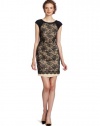 Jessica Simpson Women's Short Sleeve Lace Cover Cap Sleeve Dress, Black/Nude, 10