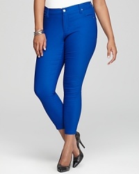 A modern approach to classic blue jeans, these Karen Kane Plus leggings boast a brazen hue and skinny silhouette for contemporary edge. A modern approach to classic blue jeans, these Karen Kane Plus leggings boast a brazen hue and skinny silhouette for contemporary edge.