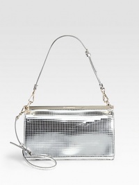 A sleek design in scored, metallic leather with a modern grid pattern.Short detachable adjustable shoulder strap, 8-9¾ dropDetachable adjustable shoulder strap, 14-16 dropMagnetic snap flap closureThree inside open pockets10½W X 6¼H X 2¼DMade in Italy A sleek design in scored, metallic leather with a modern grid pattern.Short detachable adjustable shoulder strap, 8-9¾ dropDetachable adjustable shoulder strap, 14-16 dropMagnetic snap flap closureThree inside open pockets10½W X 6¼H X 2¼DMade in Italy