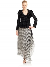 THE LOOKAllover sequin fringes on a dotted silk chiffon overlayTiered side drapingAsymmetric hemBack zipper with interior button tabTHE FITAbout 51 from top to longest point of hemTHE MATERIALSilkSecond fabric: polyamideSilk liningCARE & ORIGINDry cleanMade in ItalyModel shown is 5'10½ (179cm) wearing US size 4. THE LOOKAllover sequin fringes on a dotted silk chiffon overlayTiered side drapingAsymmetric hemBack zipper with interior button tabTHE FITAbout 51 from top to longest point of hemTHE MATERIALSilkSecond fabric: polyamideSilk liningCARE & ORIGINDry cleanMade in ItalyModel shown is 5'10½ (179cm) wearing US size 4.