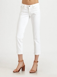 Ankle length skinny-fit denim can be worn cuffed or uncuffed.THE FITCigarette leg Rise, about 7½ Inseam, about 26½ cuffedTHE DETAILSZip fly Five-pocket style Signature stitching on back pockets 98% cotton/2% elastene; machine wash Made in USA Ankle length skinny-fit denim can be worn cuffed or uncuffed.THE FITCigarette leg Rise, about 7½ Inseam, about 26½ cuffedTHE DETAILSZip fly Five-pocket style Signature stitching on back pockets 98% cotton/2% elastene; machine wash Made in USA