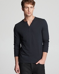 Considered details like buttons on the cuff of this soft and casual henley are what separate John Varvatos designs from the others. Considered details like buttons on the cuff of this soft and casual henley are what separate John Varvatos designs from the others.