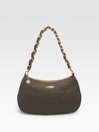Easy and elegant pouch with chunky intertwined chain shoulder strap. Shoulder strap, 18 drop Top zip closure One outside open pocket One zip, cell phone and one mirror inside pockets Cotton lining 13W X 9H X 4D Made in USA Easy and elegant pouch with chunky intertwined chain shoulder strap. Shoulder strap, 18 drop Top zip closure One outside open pocket One zip, cell phone and one mirror inside pockets Cotton lining 13W X 9H X 4D Made in USA
