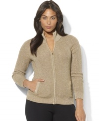 A classic mockneck cardigan receives a shimmering update from a luxe intertwining of cotton and Lurex®. A classic mockneck cardigan receives a shimmering update from a luxe intertwining of cotton and Lurex®.
