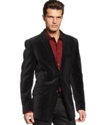 Debonair style in a rich, plush velvet. Make a dramatic statement day or night with this flocked stripe blazer from INC International Concepts. Debonair style in a rich, plush velvet. Make a dramatic statement day or night with this flocked stripe blazer from INC International Concepts.