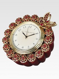 From the Classics Collection. So much more than a timekeeper, this exquisite clock has a dazzling frame of Swarovski crystal flowers topped by a charming butterfly, with a rich enamel finish and golden accents.Quartz movementEnamel and crystal18k matte gold finishHandmade, hand-enameled and hand-set3 diam. X 2.75DMade in USA From the Classics Collection. So much more than a timekeeper, this exquisite clock has a dazzling frame of Swarovski crystal flowers topped by a charming butterfly, with a rich enamel finish and golden accents.Quartz movementEnamel and crystal18k matte gold finishHandmade, hand-enameled and hand-set3 diam. X 2.75DMade in USA