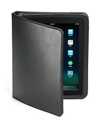 iPad jacket with custom cutouts for play-through access to all device features. Durable faux-leather material with a secure band closure for security. Interior suede lining for added protection. Opens to convert into a stand with multiple viewing positions and features a secure elastic closure. iPad jacket with custom cutouts for play-through access to all device features. Durable faux-leather material with a secure band closure for security. Interior suede lining for added protection. Opens to convert into a stand with multiple viewing positions and features a secure elastic closure.