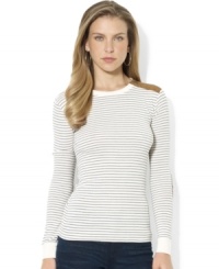 A sleek crewneck is rendered in soft fine-ribbed cotton with a LRL-embossed zippered shoulder and tonal faux-suede patches at the elbows for an infusion of modern edge, from Lauren Jeans Co. A sleek crewneck is rendered in soft fine-ribbed cotton with a LRL-embossed zippered shoulder and tonal faux-suede patches at the elbows for an infusion of modern edge, from Lauren Jeans Co.
