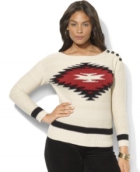 Lauren Ralph Lauren's plus size soft knit sweater is crafted with a Southwestern-inspired pattern at the front and rustic buttons at the shoulder. Lauren Ralph Lauren's plus size soft knit sweater is crafted with a Southwestern-inspired pattern at the front and rustic buttons at the shoulder.