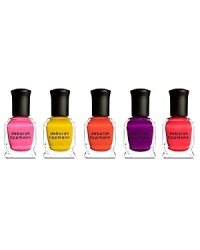 This set includes a range of juicy, bright neon lacquers that complement each other perfectly, so Deborah Lippmann loves the idea of mixing and matching the shades on your fingers and toes. Try wearing a different color on each nail, or paint all of your fingers one shade and keep the ring fingers contrasting. You can create a variety of looks and it's a great way to get into the nail art trend – so don't be intimidated, anything goes! Each of these shades has a modern demi matte finish, which I love. You can keep the texture by using my Flat Top, matte top coat, or top the color with On A Clear Day to add gloss. Your options are endless.Set includes I Kissed A Girl, It Girl, Hollaback Girl, Nasty Girl, Party Girl. Five bottles at 8mL. This set includes a range of juicy, bright neon lacquers that complement each other perfectly, so Deborah Lippmann loves the idea of mixing and matching the shades on your fingers and toes. Try wearing a different color on each nail, or paint all of your fingers one shade and keep the ring fingers contrasting. You can create a variety of looks and it's a great way to get into the nail art trend – so don't be intimidated, anything goes! Each of these shades has a modern demi matte finish, which I love. You can keep the texture by using my Flat Top, matte top coat, or top the color with On A Clear Day to add gloss. Your options are endless.Set includes I Kissed A Girl, It Girl, Hollaback Girl, Nasty Girl, Party Girl. Five bottles at 8mL.