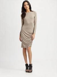 Concluded with a plunging scoopback, this elegant jersey boatneck has long dolman sleeves and a ruched, asymmetrical hem. BoatneckLong dolman sleevesRuched, asymmetrical hemAbout 18 from natural waist96% modal/4% spandexDry cleanMade in USAModel shown is 5'10 (177cm) wearing US size Small. Concluded with a plunging scoopback, this elegant jersey boatneck has long dolman sleeves and a ruched, asymmetrical hem. BoatneckLong dolman sleevesRuched, asymmetrical hemAbout 18 from natural waist96% modal/4% spandexDry cleanMade in USAModel shown is 5'10 (177cm) wearing US size Small.