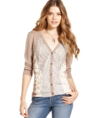 A cute partner to your jeans and tanks, American Rag's cardigan features lace and crochet-knit insets for a bit of artisanal style! A cute partner to your jeans and tanks, American Rag's cardigan features lace and crochet-knit insets for a bit of artisanal style!