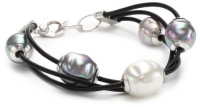 Majorica 12mm Black Leather Cord Baroque 3Row Bracelet Majorica 12mm Black Leather Cord Baroque 3Row Bracelet