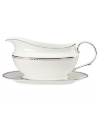 Designed to mimic a strand of lustrous pearls. With imitation pearl accents and platinum rims on fine bone china. Designed to mimic a strand of lustrous pearls. With imitation pearl accents and platinum rims on fine bone china.
