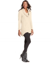 Simple, yet totally chic and festive too! Style&co. updates a tunic sweater with metallic-flecked nubby knit fabric and a trendy high-low hem. Simple, yet totally chic and festive too! Style&co. updates a tunic sweater with metallic-flecked nubby knit fabric and a trendy high-low hem.