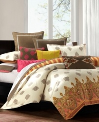 Taking inspiration from traditional Indian royal designs, Raja comforter sets from Echo create a warm and exotic appeal. The face of the comforter and shams feature an intricate pattern in a palette of orange, yellow and brown, and reverses to a stripe pattern in matching hues.