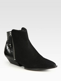 Nail the look with this suede design backed by rich crocodile-print leather, with an exposed zipper and sculpted heel. Stacked heel, 1½ (40mm)Suede and crocodile-print leather upperSide zipLeather lining and solePadded insoleImported Nail the look with this suede design backed by rich crocodile-print leather, with an exposed zipper and sculpted heel. Stacked heel, 1½ (40mm)Suede and crocodile-print leather upperSide zipLeather lining and solePadded insoleImported