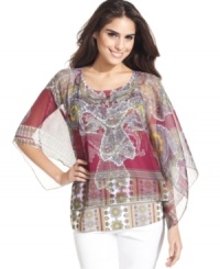 Score this luxe look from Style&co.: a paisley-printed, poncho-style top with a sheer overlay and removable opaque camisole. Pairs beautifully with bright accessories! Score this luxe look from Style&co.: a paisley-printed, poncho-style top with a sheer overlay and removable opaque camisole. Pairs beautifully with bright accessories!