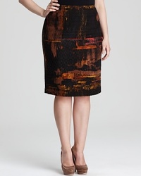 Bold strokes of color embolden a Lafayette 148 New York Plus skirt, outfitted with faux leather piping for feminine edge. Bold strokes of color embolden a Lafayette 148 New York Plus skirt, outfitted with faux leather piping for feminine edge.