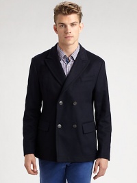 A much-appreciated addition to any outerwear collection, this double-breasted peacoat is crafted in a blend of wool and cashmere for superior winter warmth, topping off your ensemble for a well-tailored, refined finish.Button-frontChest welt, waist flap pocketsRear ventFully linedAbout 29 from shoulder to hem75% wool/20% polyamide/5% cashmereDry cleanImported A much-appreciated addition to any outerwear collection, this double-breasted peacoat is crafted in a blend of wool and cashmere for superior winter warmth, topping off your ensemble for a well-tailored, refined finish.Button-frontChest welt, waist flap pocketsRear ventFully linedAbout 29 from shoulder to hem75% wool/20% polyamide/5% cashmereDry cleanImported