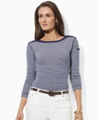 Lauren Jeans Co.'s cotton jersey top is infused with nautical inspiration, rendered with a contrasting bateau neckline and chic buttons at the shoulders. Lauren Jeans Co.'s cotton jersey top is infused with nautical inspiration, rendered with a contrasting bateau neckline and chic buttons at the shoulders.