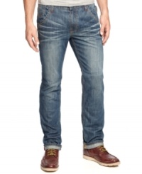 Embellishing on classic five-pocket blues: Blast Jeans from Triple Fat Goose in whiskered blue denim with leather-rimmed back pockets. Embellishing on classic five-pocket blues: Blast Jeans from Triple Fat Goose in whiskered blue denim with leather-rimmed back pockets.
