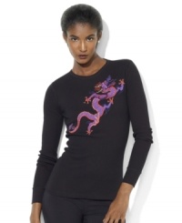 Lauren Ralph Lauren's vibrant embroidered dragon invigorates a soft waffle-knit cotton crewneck with long sleeves and ribbed accents. Lauren Ralph Lauren's vibrant embroidered dragon invigorates a soft waffle-knit cotton crewneck with long sleeves and ribbed accents.