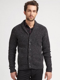 A shawl-collar cardigan with a brilliant tweed pattern.Shawl collarButton frontRibbed trim80% wool/20% polyamideDry cleanImported