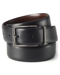 One belt, two looks: this leather belt reverses from textured black to smooth brown to easily coordinate with your clothes. One belt, two looks: this leather belt reverses from textured black to smooth brown to easily coordinate with your clothes.