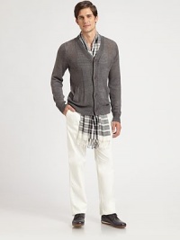 Prepare to be the center of attention in this exceptionally modern textured cardigan rendered in fine linen with side slash pockets.ButtonfrontSide slash pocketsRibbed placket, cuffs and hemLinenHand washMade in Italy Prepare to be the center of attention in this exceptionally modern textured cardigan rendered in fine linen with side slash pockets.ButtonfrontSide slash pocketsRibbed placket, cuffs and hemLinenHand washMade in Italy