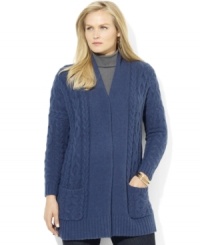 Rendered in a cozy lambswool blend, Lauren Ralph Lauren's chic open-front plus size cardigan is knit in a classic cable stitch. Rendered in a cozy lambswool blend, Lauren Ralph Lauren's chic open-front plus size cardigan is knit in a classic cable stitch.