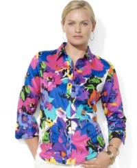 Celebrate spring in Lauren Ralph Lauren's vibrantly hued floral shirt, tailored from soft cotton sateen that has been styled with three-quarter sleeves and chic fold-back cuffs. Celebrate spring in Lauren Ralph Lauren's vibrantly hued floral shirt, tailored from soft cotton sateen that has been styled with three-quarter sleeves and chic fold-back cuffs.