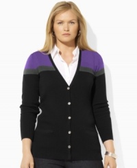 Bold color-blocking enlivens Lauren Ralph Lauren's ribbed cotton cardigan, crafted in a longer length for endless layering possibilities. Bold color-blocking enlivens Lauren Ralph Lauren's ribbed cotton cardigan, crafted in a longer length for endless layering possibilities.