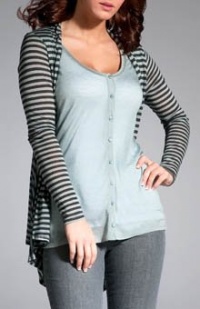 Three Dots Women's Sheer Tencel Stripe Long-Sleeve Double Layer Cardigan, Silver Sage/ Charcoal, Large Three Dots Women's Sheer Tencel Stripe Long-Sleeve Double Layer Cardigan, Silver Sage/ Charcoal, Large