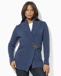 Infused with chic heritage style, the essential cardigan is elegantly knit in a soft cotton blend with an equestrian-inspired buckle and a classic shawl collar. Infused with chic heritage style, the essential cardigan is elegantly knit in a soft cotton blend with an equestrian-inspired buckle and a classic shawl collar.