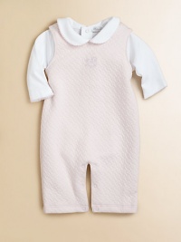 An utterly enchanting, two-piece scalloped bodysuit and quilted overall set crafted in ultra-soft pima cotton. Bodysuit Ruffled Peter Pan collarLong sleeves with scalloped cuffsBack snapsBottom snaps Jumper Round necklineSleevelessShoulder snapsBottom snapsPima cottonMachine washImported Please note: Number of snaps may vary depending on size ordered. An utterly enchanting, two-piece scalloped bodysuit and quilted overall set crafted in ultra-soft pima cotton. Bodysuit Ruffled Peter Pan collarLong sleeves with scalloped cuffsBack snapsBottom snaps Jumper Round necklineSleevelessShoulder snapsBottom snapsPima cottonMachine washImported Please note: Number of snaps may vary depending on size ordered.