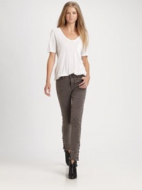 Buttoned cuffs and besom pockets add military vibes to these supremely soft skinnies. THE FITRise, about 8Inseam, about 29THE DETAILSZip flyFour-pocket styleButtoned cuffsBody: 98% cotton/2% elastaneTrim: CottonMachine washMade in USA of imported fabricModel shown is 5'10 (177cm) wearing US size 4. Buttoned cuffs and besom pockets add military vibes to these supremely soft skinnies. THE FITRise, about 8Inseam, about 29THE DETAILSZip flyFour-pocket styleButtoned cuffsBody: 98% cotton/2% elastaneTrim: CottonMachine washMade in USA of imported fabricModel shown is 5'10 (177cm) wearing US size 4.