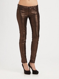 Foil-like metallic finish adds an alluring dose of shine to these stunning, day-to-night skinnies. THE FITMedium rise, about 8Inseam, about 30THE DETAILSZip flyFive-pocket style97% cotton/3% spandexMachine washMade in USA of imported fabricModel shown is 5'9 (175cm) wearing US size 0. Foil-like metallic finish adds an alluring dose of shine to these stunning, day-to-night skinnies. THE FITMedium rise, about 8Inseam, about 30THE DETAILSZip flyFive-pocket style97% cotton/3% spandexMachine washMade in USA of imported fabricModel shown is 5'9 (175cm) wearing US size 0.