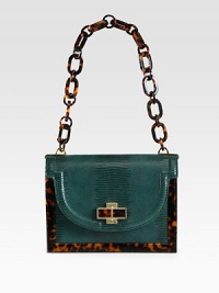 An exotic lizard embossed leather style with glossy resin accents and radiant hardware.Resin chain link shoulder strap, 10 dropMagnetic snap flap closureOne inside zip pocketOne detachable mirrorCotton lining8½W X 6¼H X 3DImported An exotic lizard embossed leather style with glossy resin accents and radiant hardware.Resin chain link shoulder strap, 10 dropMagnetic snap flap closureOne inside zip pocketOne detachable mirrorCotton lining8½W X 6¼H X 3DImported