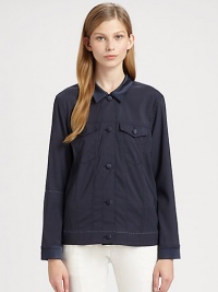 Whisper-light linen jacket with front flap pockets and intricate contrast stitching. Point collarDropped shouldersButton frontButtoned flap pocketsLong sleeves with buttoned cuffsAbout 24 from shoulder to hemBody: Virgin wool/nylon/elastaneTrim: Viscose/cotton/elastaneDry cleanImportedSIZE & FITModel shown is 5'10 (177cm) wearing US size Small. Whisper-light linen jacket with front flap pockets and intricate contrast stitching. Point collarDropped shouldersButton frontButtoned flap pocketsLong sleeves with buttoned cuffsAbout 24 from shoulder to hemBody: Virgin wool/nylon/elastaneTrim: Viscose/cotton/elastaneDry cleanImportedSIZE & FITModel shown is 5'10 (177cm) wearing US size Small.