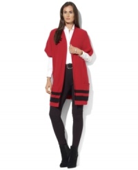 Lauren Ralph Lauren's short-sleeved cocoon cardigan is knit with bold stripes for modern appeal. Lauren Ralph Lauren's short-sleeved cocoon cardigan is knit with bold stripes for modern appeal.