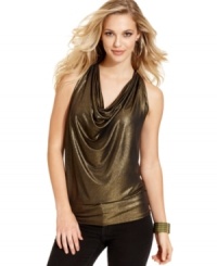 Channel disco-era glamor in Cha Cha Vente's metallic cowl-neck top. Pair it with skinny jeans for your next night on the town! Channel disco-era glamor in Cha Cha Vente's metallic cowl-neck top. Pair it with skinny jeans for your next night on the town!