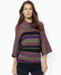 rafted in a luxuriously soft blend of fabrics, Lauren Ralph Lauren's jacquard petite sweater features elegant kimono sleeves for ease of movement. rafted in a luxuriously soft blend of fabrics, Lauren Ralph Lauren's jacquard petite sweater features elegant kimono sleeves for ease of movement.
