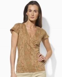 Tailored from lightweight tissue cotton in a figure-flattering faux-wrap design, Lauren by Ralph Lauren's chic top defines modern romance in a dusky floral print. Tailored from lightweight tissue cotton in a figure-flattering faux-wrap design, Lauren by Ralph Lauren's chic top defines modern romance in a dusky floral print.