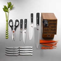 This 7 piece block set is exclusively at Bloomingdale's. It features authentic Japanese blade styles and eastern edge angles which combined with high carbon steel produce superior sharpness. It also features beautiful micarta handles. The set includes: kudamono knife (paring), shotoh knife (utility), santoku knife, gyutoh knife (chef's), kitchen shears, sharpening steel and bamboo block. This 7 piece block set is exclusively at Bloomingdale's. It features authentic Japanese blade styles and eastern edge angles which combined with high carbon steel produce superior sharpness. It also features beautiful micarta handles. The set includes: kudamono knife (paring), shotoh knife (utility), santoku knife, gyutoh knife (chef's), kitchen shears, sharpening steel and bamboo block.