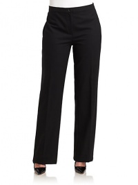 THE LOOKNarrow waistband with button closureFlat-front styleUnfinished hemBack elastic waistbandBack waist dartsTHE FITRise, about 11Inseam, about 35THE MATERIALWool/elastaneCARE & ORIGINDry cleanImported THE LOOKNarrow waistband with button closureFlat-front styleUnfinished hemBack elastic waistbandBack waist dartsTHE FITRise, about 11Inseam, about 35THE MATERIALWool/elastaneCARE & ORIGINDry cleanImported