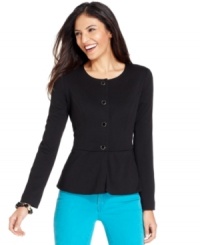 Peplum it up in NY Collection's petite jacket! This waist-defining silhouette is a petite favorite! Peplum it up in NY Collection's petite jacket! This waist-defining silhouette is a petite favorite!