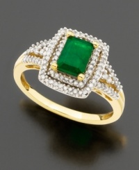 A geometric-inspired style that will put you in the spotlight. A lovely emerald-cut emerald (9/10 ct. t.w.) is surrounded by round-cut diamonds (1/3 ct. t.w.). Set in 14k gold. A geometric-inspired style that will put you in the spotlight. A lovely emerald-cut emerald (9/10 ct. t.w.) is surrounded by round-cut diamonds (1/3 ct. t.w.). Set in 14k gold.